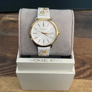 Michael Kors White Leather Watch with Gold Flowers